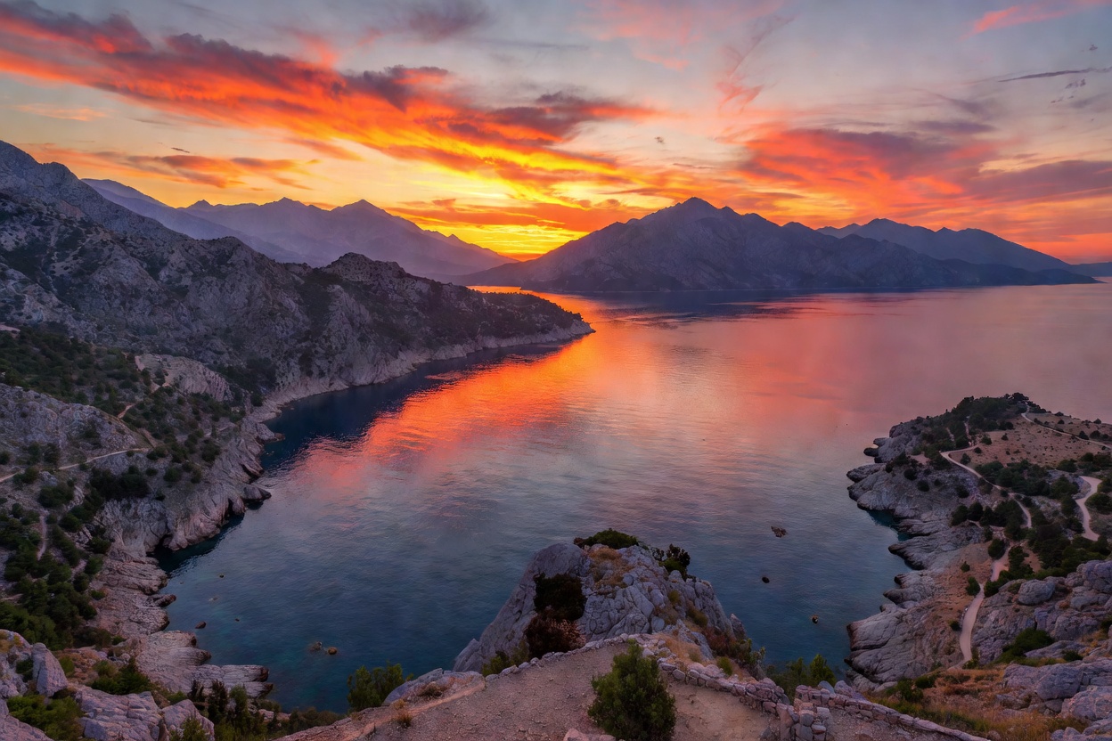 Balkan Coastal Sunset and Mountain Views in Montenegro