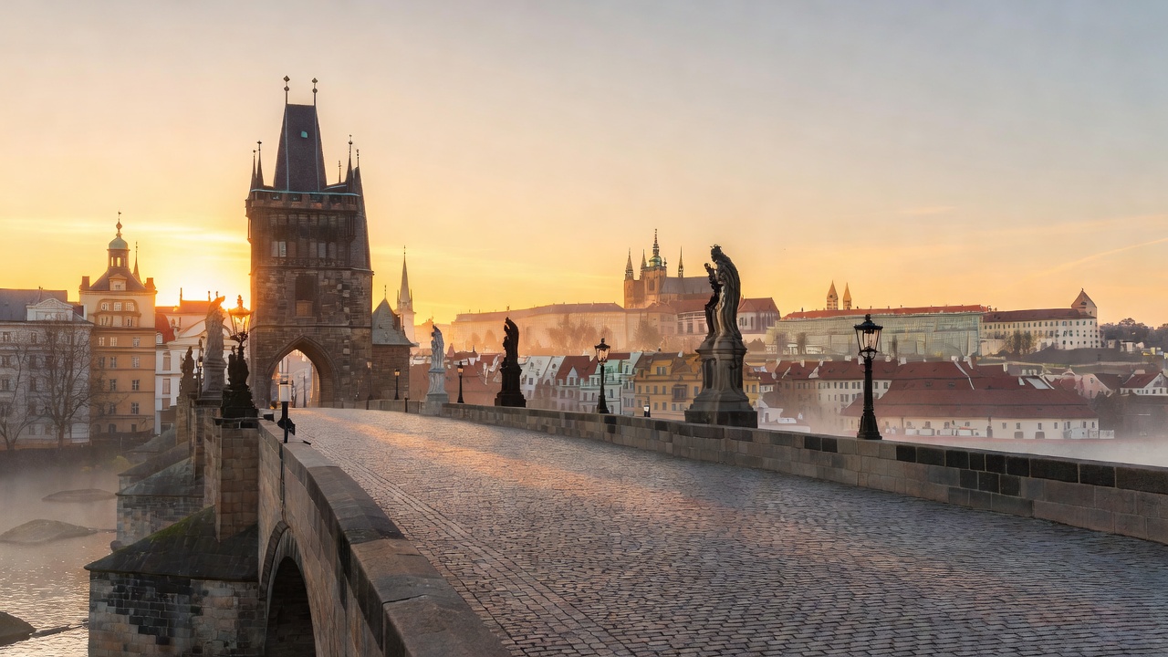 Scenic Charles Bridge in Prague at Sunrise